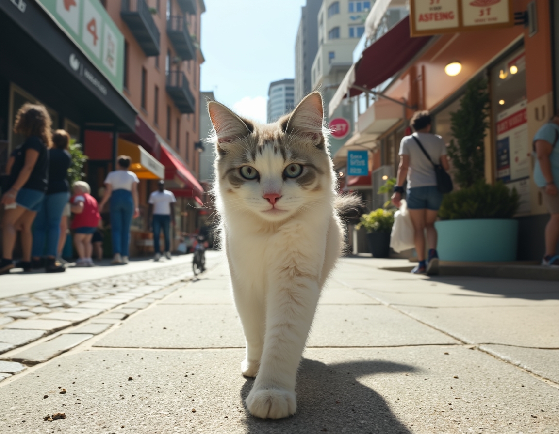 Cat strolls down a city sidewalk, confidently navigating the vibrant cityscape.